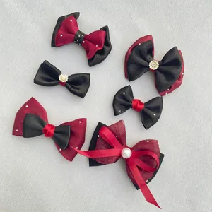 Detailed set of handmade wine red and black bows with pearls and rhinestones for DIY