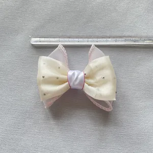 Plaid mesh bow hair clip accessory with cream satin and pink lace trim, 9cm DIY decoration