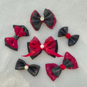 6-piece handmade red and black bow hair accessory set with pearls and rhinestones