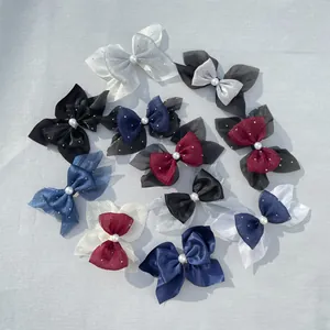 Double Layer Bow Hair Accessory DIY Component With Faux Artificial Pearl Rhinestone Satin Organza Mesh Sweet Hair Bow For Women Girls