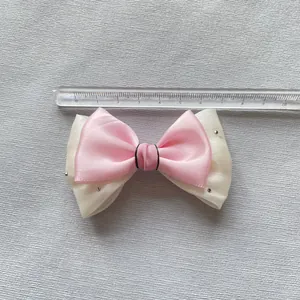 Pink and white mesh plaid bowknot hair accessory accessory with silver rhinestones