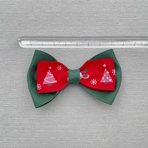 Christmas bow with snowman and tree pattern on green and red ribbon, 7-8cm size