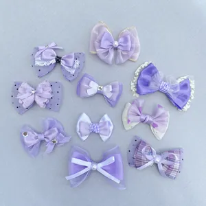 Elegant Purple Bow Hair Clips For Women Girls Handmade Satin Lace Organza Ribbon Hair Accessories Sweet Heart Plaid Pattern Rhinestone Faux Artificial Pearl Decor