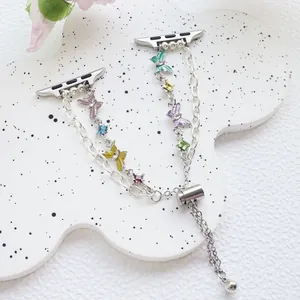 Enamel butterfly rhinestone bracelet band for iWatch with adjustable silver chain