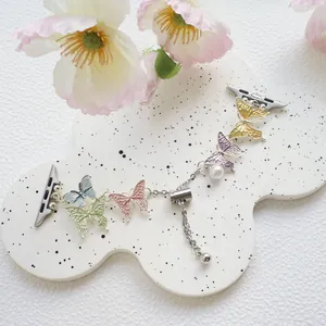 Colorful Butterfly Metal Chain Strap Compatible With iWatch Artificial Pearl Pendant Sweet Fashion Women Bracelet Smart Watch Band