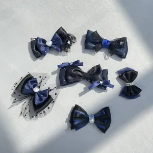 Set di fermagli per capelli a fiocco blu e nero con pizzo e perle per animali domestici
