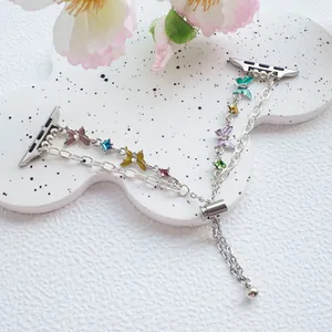 Adjustable silver butterfly chain strap with colorful crystals for Apple Watch bands