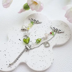 Fresh Green Beaded Watch Band With Metal Butterfly And Heart Charms Floral Bracelet Strap For Women Smartwatch Accessories