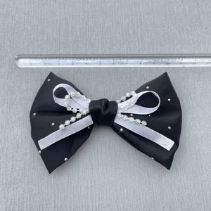 DIY black and white satin bow accessory with pearls and rhinestones 13cm width