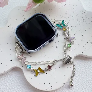 Adjustable enamel butterfly and crystal metal chain bracelet strap for Apple Watch