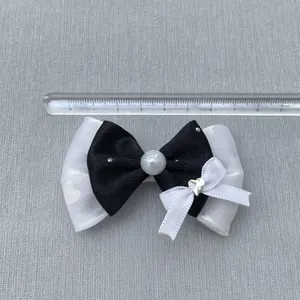 DIY black velvet and white lace ribbon bow with pearl and heart charm for hair accessories