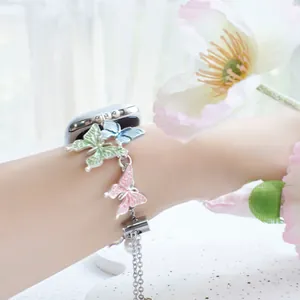 Chic Apple Watch strap with colorful enamel butterflies and pearl bead bracelet