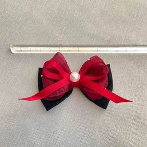 Red and black layered organza bow with pearl accent, 9.5cm DIY accessory for crafts