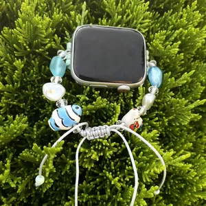 Handmade beaded blue watch band with ceramic bunny and heart charms for Apple Watch