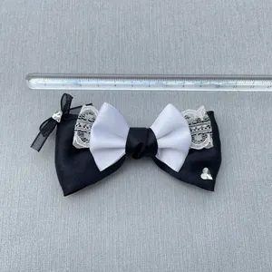 DIY black and white satin ribbon bow with lace and heart rhinestones, 11.5cm width