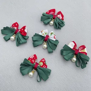 Christmas Grosgrain Ribbon Hair Bows With Faux Artificial Pearl Rhinestone Charm Snowflake Reindeer Pattern Festive Hair Accessories