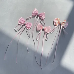 Pink Satin Bowknot With Faux Artificial Pearl Long Ribbon DIY Accessories For Hair Clip Clothing Pet Toy Decoration Sweet Style