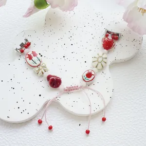 Handmade beaded watch band with red tulips and heart charms for smartwatches