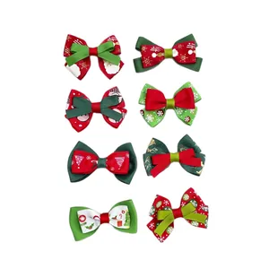 Set of 8 festive Christmas bows with snowman and tree prints for hair and clothing crafts