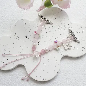 Pink crystal beaded watch band for iWatch with silver butterfly and flower heart charms