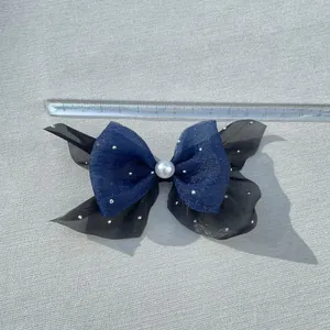 Blue and black organza bow hair clip with pearl center and rhinestones, 14cm wide