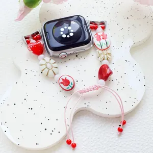 Handmade beaded flower and heart watch band with adjustable cord for smartwatches
