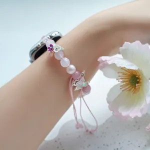 Pink crystal beaded watch band with silver flower and butterfly charms for iWatch