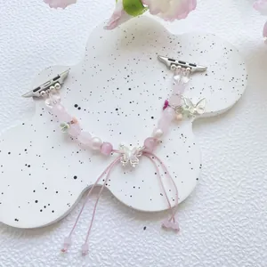 Pink crystal beaded iWatch band with silver butterfly charms and adjustable closure