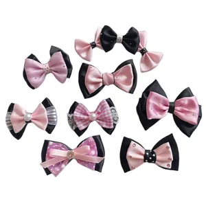 Set de 8 pinzas para el pelo con lazos rosa y negro, encaje y perlas para mascotas y muñecas