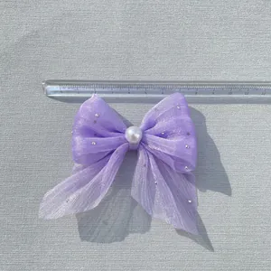 Große hellviolette Netzschleife mit Perle und Strass für Haarschmuck, 8,5 cm Größe