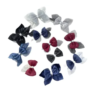 Glittery organza bow accessories with faux pearls in multiple colors for DIY hair and bags