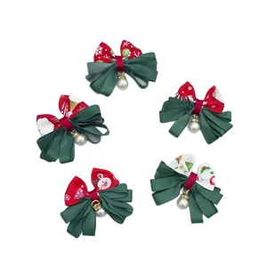 Five-piece Christmas grosgrain ribbon bows with festive prints and pearl pendants
