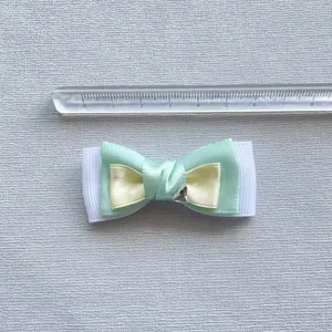 Detailed view of a green polka dot ribbon bow with a heart-shaped gemstone and ruler