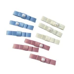 9-piece satin bow hair clip set with faux pearls in sky blue, cream and pink