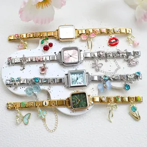 Montre à Quartz pour Femme Carrée de Mode Avec Bracelet à Breloques Italien Pendentifs en Acier Inoxydable Bijoux Montre-Bracelet