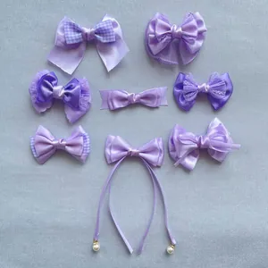Handgemaakte Paarse Satijnen Strik Accessoires Met Kant Gingham Lint En Kunstparel Voor Kinderen Pop Haarspelden DIY Sieraden Maken