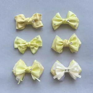 Handmade Yellow Satin Bowknot DIY Accessories With Lace Rhinestone Faux Artificial Pearl For Hair Clips Shoes Clothing Decor Women Jewelry Making