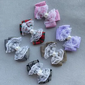 Set of 6 plaid bow hair clips with white lace details and center faux pearl accents