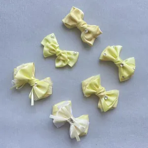 Set of 6 yellow handmade satin and lace hair clips with pearls and heart rhinestones