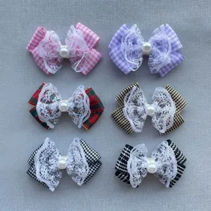 Korean Style Plaid Bowknot Hair Clip DIY Accessory With Lace And Faux Pearl For Clothing Decoration Handmade Hairpin Ornament