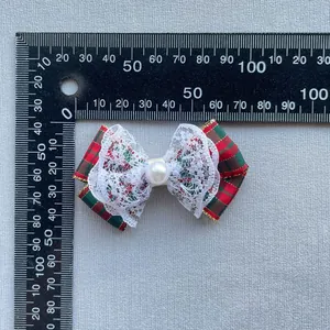 Red and green plaid bow hair clip with white lace and pearl, size 45mm x 35mm