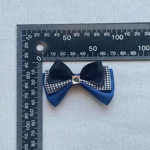 Handmade mesh bow hair clip accessory with houndstooth pattern and crystal, 80x50mm size