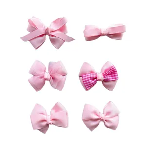 Pink ribbed ribbon bow set with mesh and plaid details for hair accessories and DIY crafts