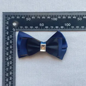 Handmade navy blue mesh bow with central crystal for doll clothing and DIY hair accessories