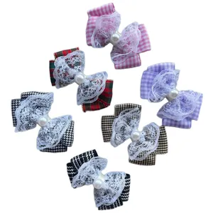 6pcs checkered bow hair clips with white lace layers and center pearl accents