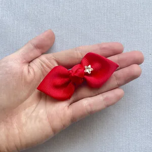 Close-up of a small red ribbed ribbon bow with a sparkling star crystal centerpiece