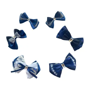 Set of six blue DIY mesh bow hair clips with lace and crystal embellishments