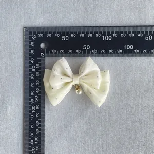 8cm cream fabric bow with silver dots and pearl pendant for DIY hair accessories