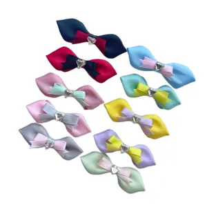 10er-Set bunte Satin-Schleifen-Haarspangen mit Herz-Strassstein in der Mitte