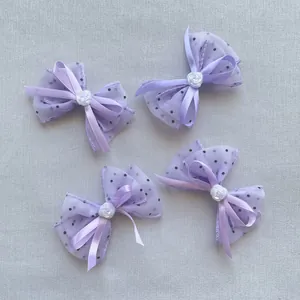 Accessoires de Nœuds en Maille à Pois Violets DIY Avec Centre en Rose de Résine pour Pinces à Cheveux Vêtements Sacs Décoration Fait Main